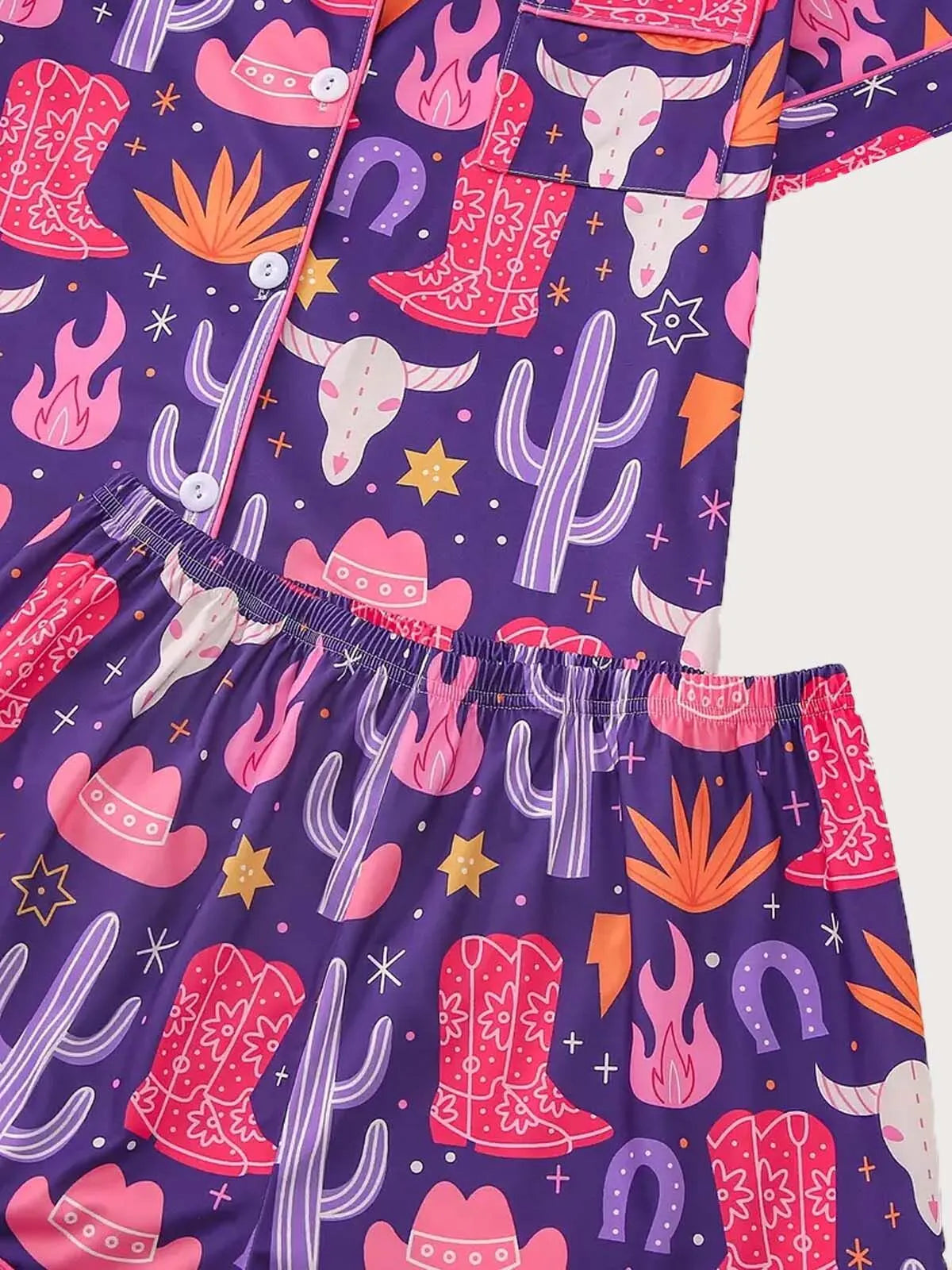 2pcs Cartoon Cowboy Print Pajama Shorts Set
