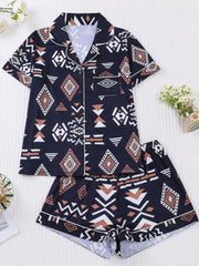 2pcs Casual Comfy Short Sleeve Button Geometric Pajama Shorts Set