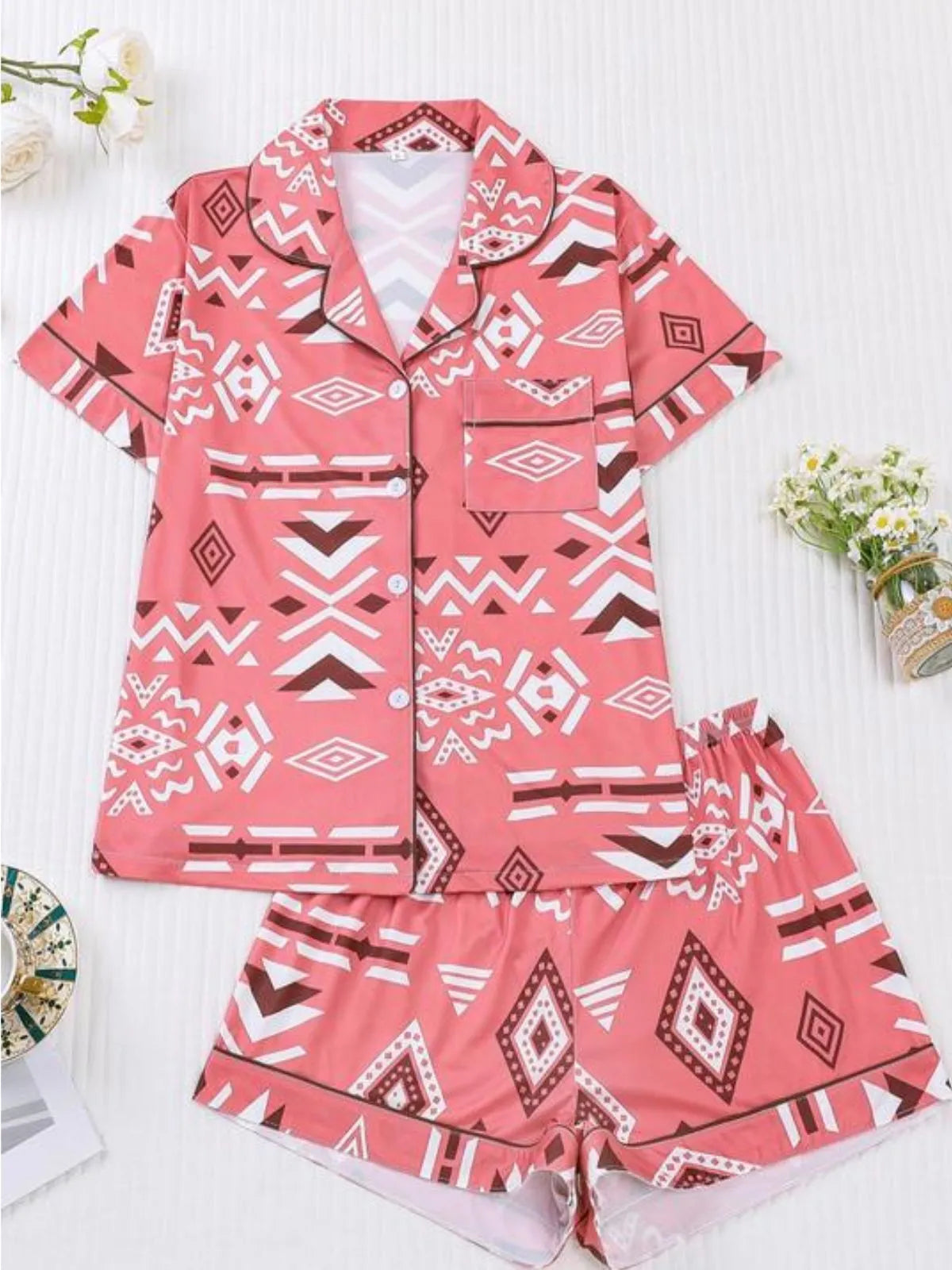 2pcs Casual Comfy Short Sleeve Button Geometric Pajama Shorts Set