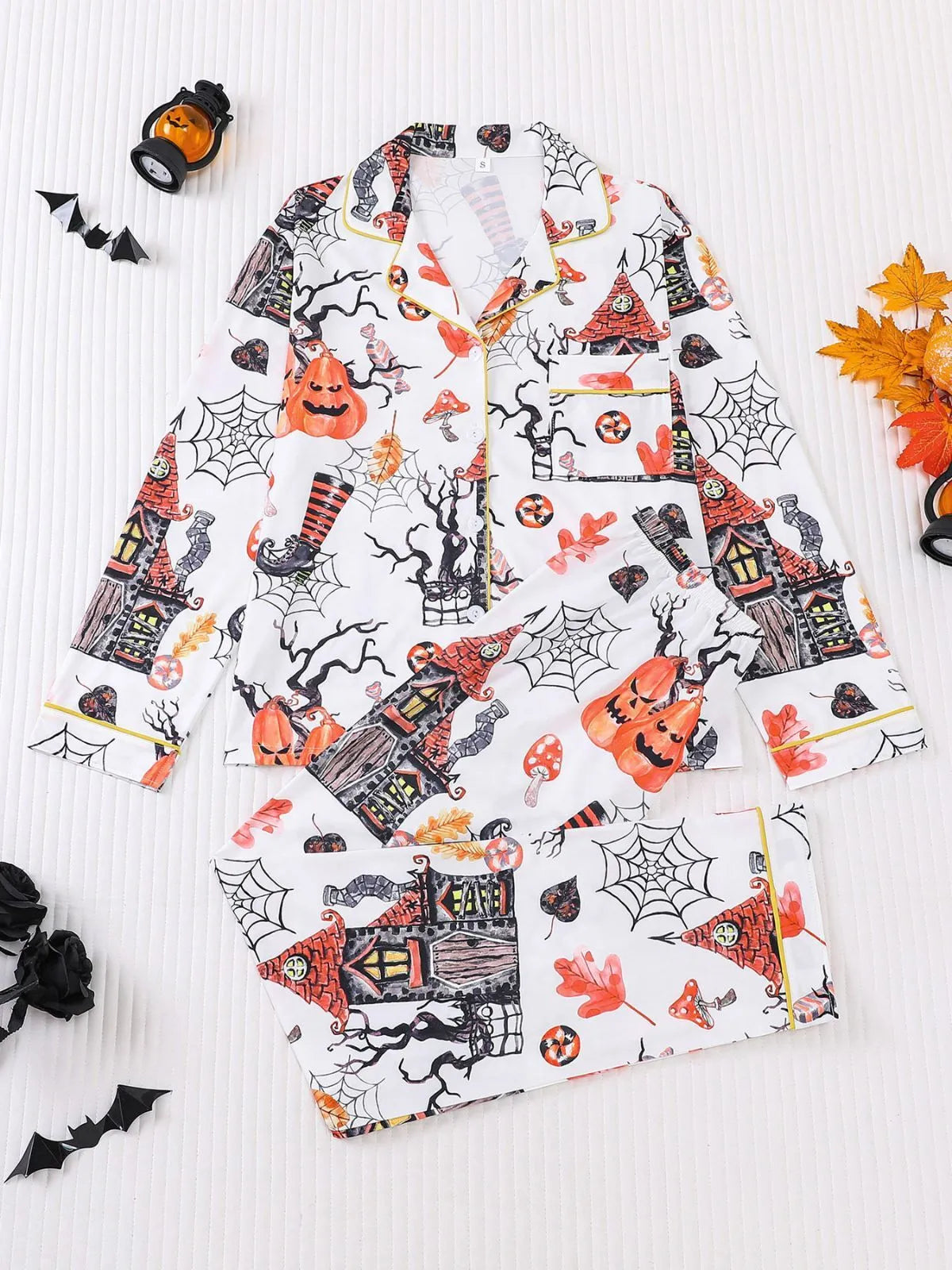 2pcs Halloween Ghost Black Cat Pumpkin Bat Spider Skull Pajama Pants Set