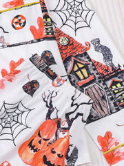 2pcs Halloween Ghost Black Cat Pumpkin Bat Spider Skull Pajama Pants Set