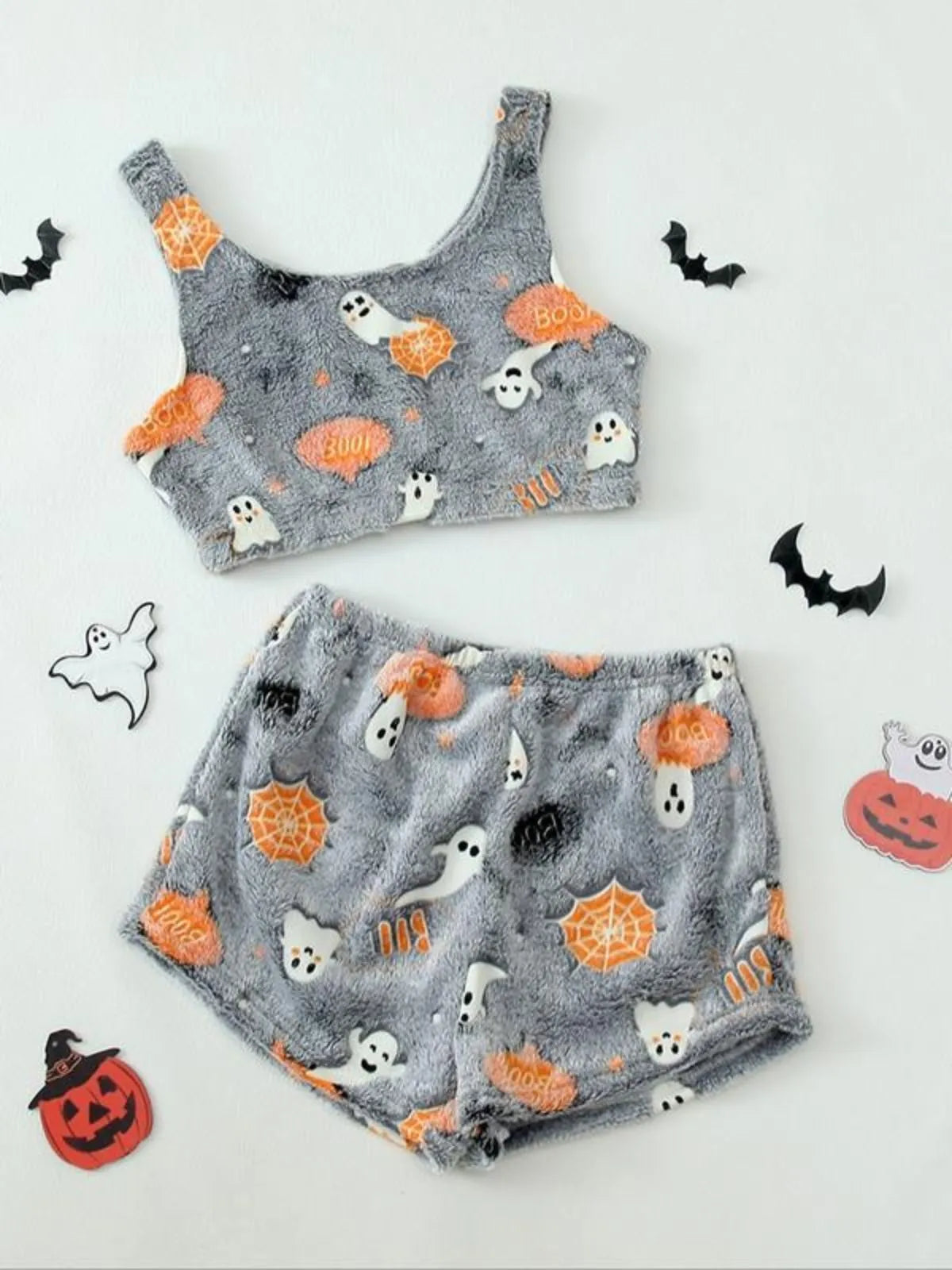 2Pcs Comfortable Halloween Print Glow in The Dark Crop Tank Top Pajama Shorts Set