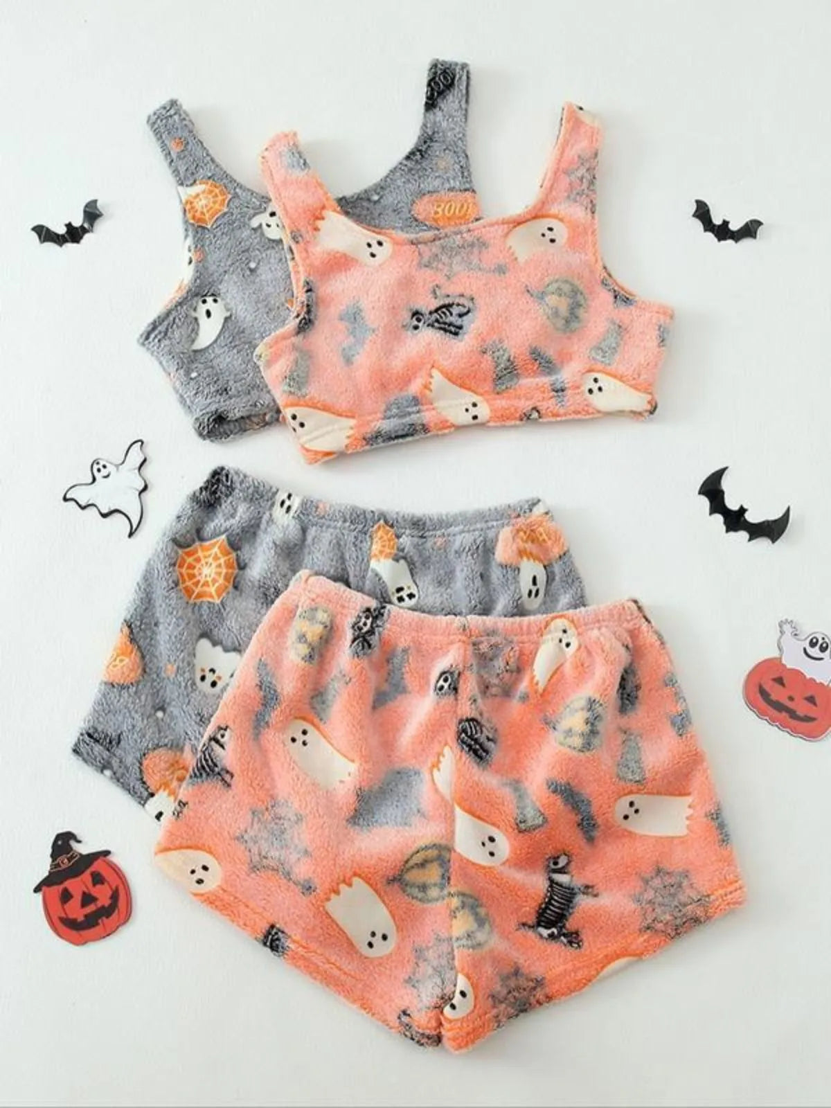 2Pcs Comfortable Halloween Print Glow in The Dark Crop Tank Top Pajama Shorts Set