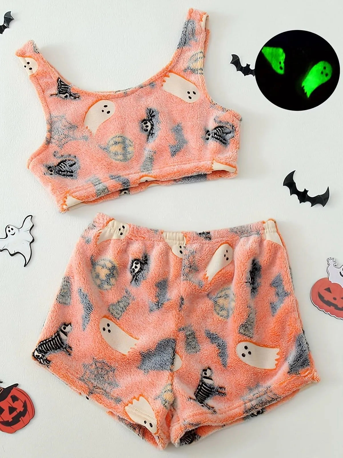 2Pcs Comfortable Halloween Print Glow in The Dark Crop Tank Top Pajama Shorts Set