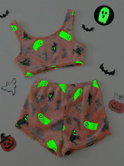 2Pcs Comfortable Halloween Print Glow in The Dark Crop Tank Top Pajama Shorts Set