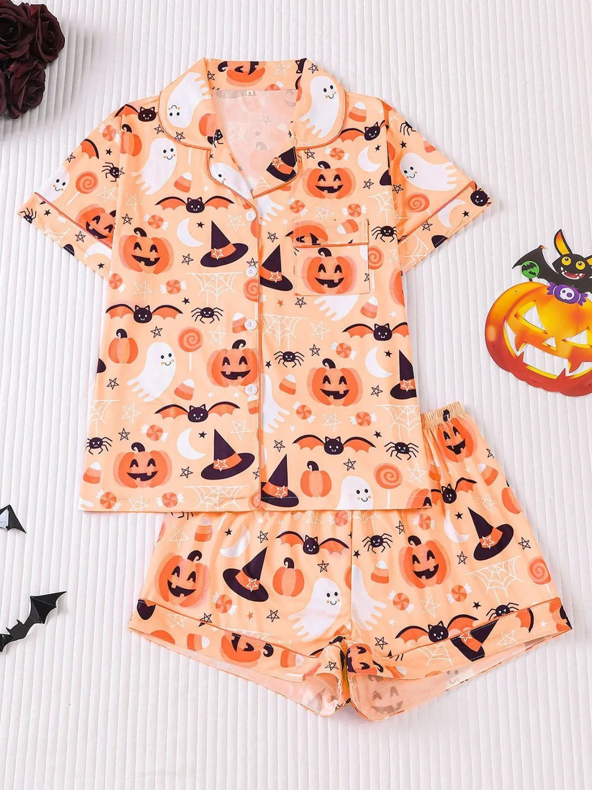 Halloween Women's Sleepwear Set, Soft Button Front Shirt & Elastic Shorts