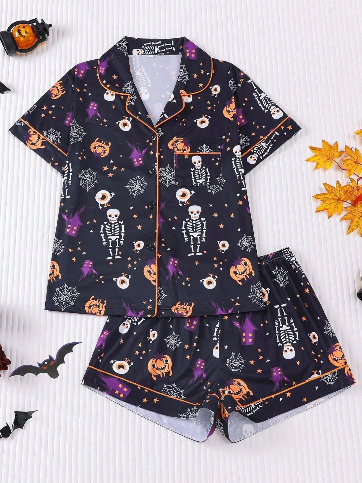 Halloween Women's Sleepwear Set, Soft Button Front Shirt & Elastic Shorts