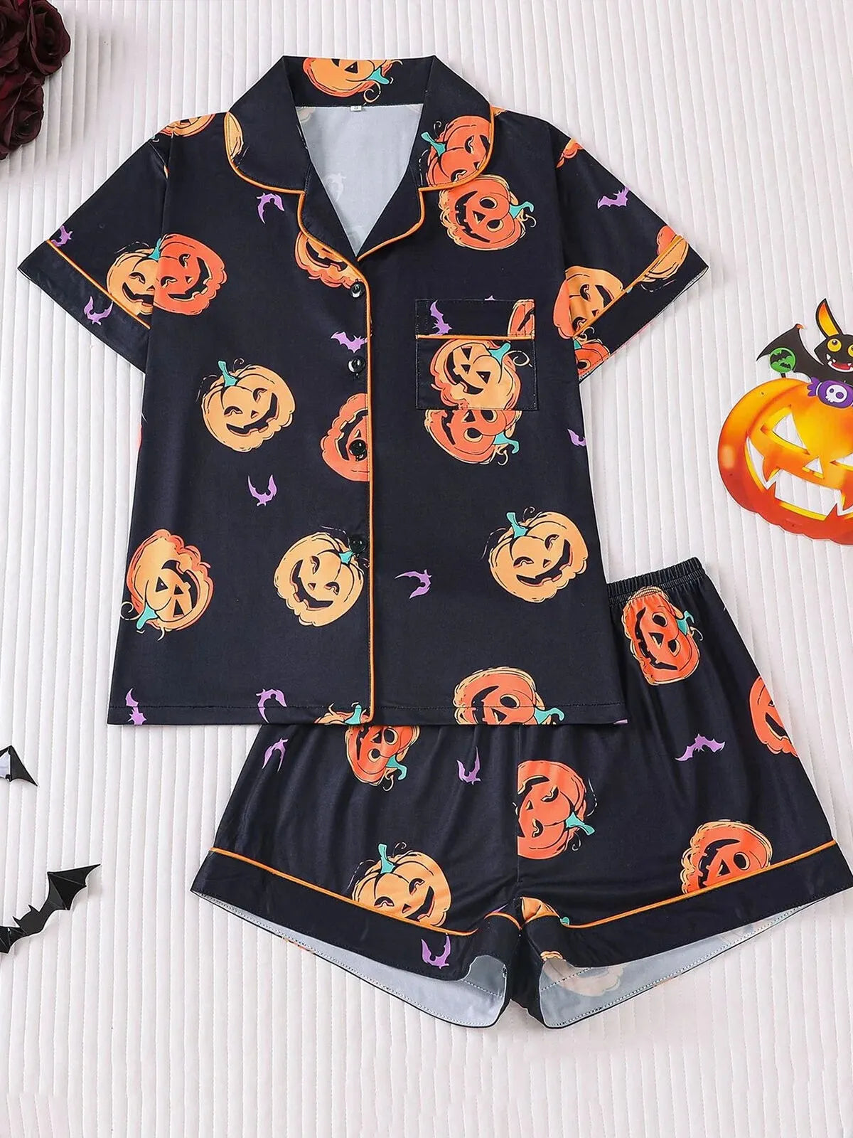 Halloween Women's Sleepwear Set, Soft Button Front Shirt & Elastic Shorts
