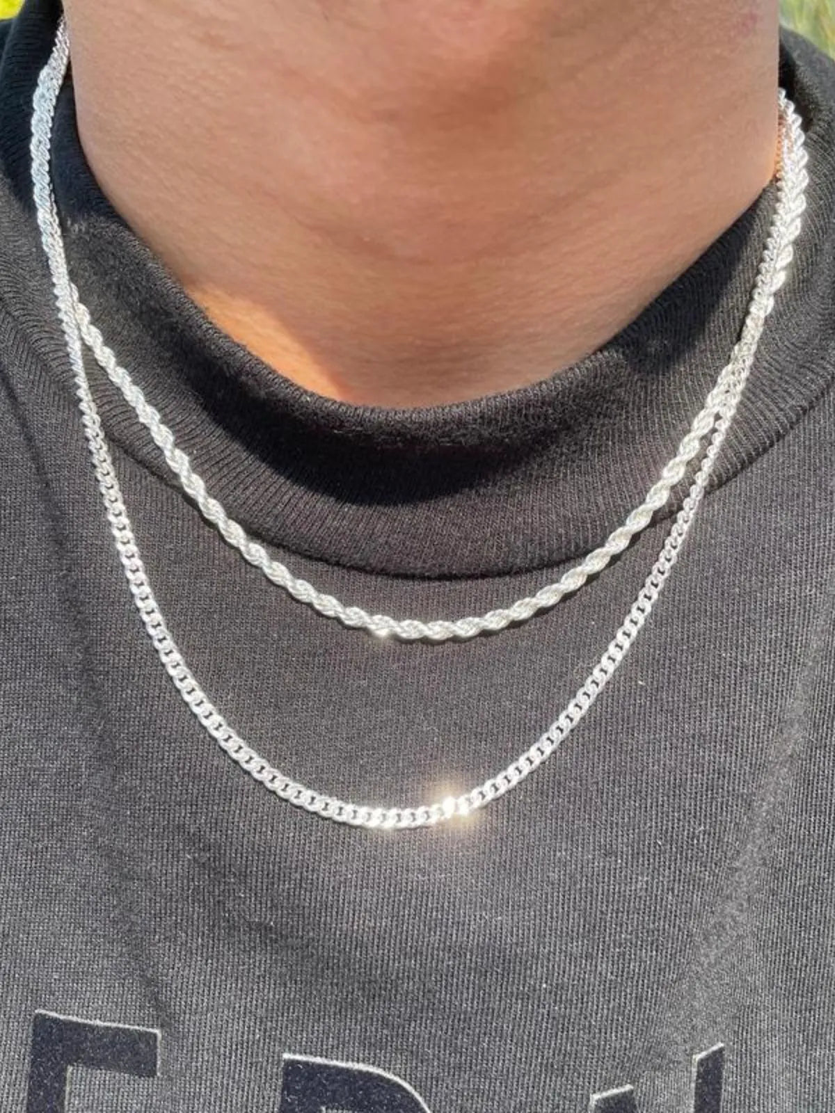 2pcs MEN Trendy 3mm Chain Layered Sterling Silver Cuban Link Rope Necklace 