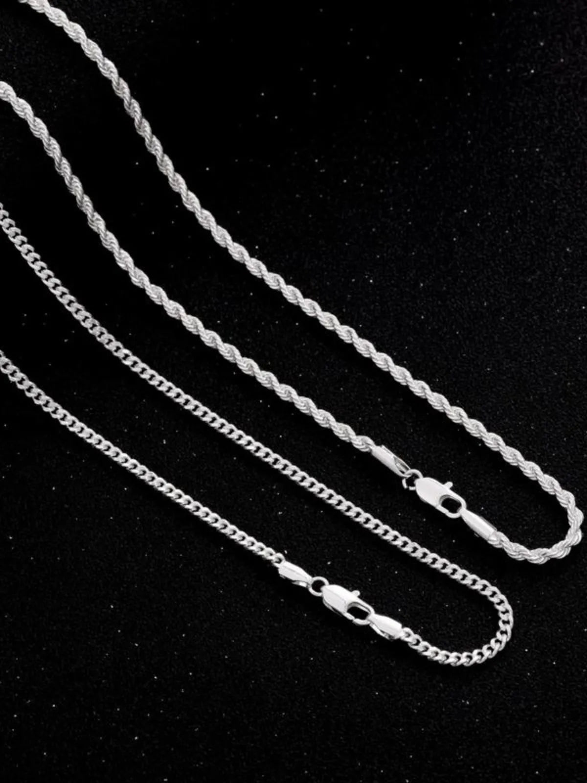 2pcs MEN Trendy 3mm Chain Layered Sterling Silver Cuban Link Rope Necklace 