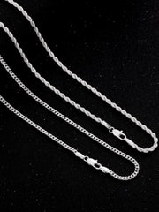 2pcs MEN Trendy 3mm Chain Layered Sterling Silver Cuban Link Rope Necklace 