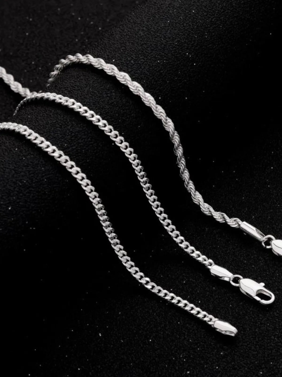 2pcs MEN Trendy 3mm Chain Layered Sterling Silver Cuban Link Rope Necklace 