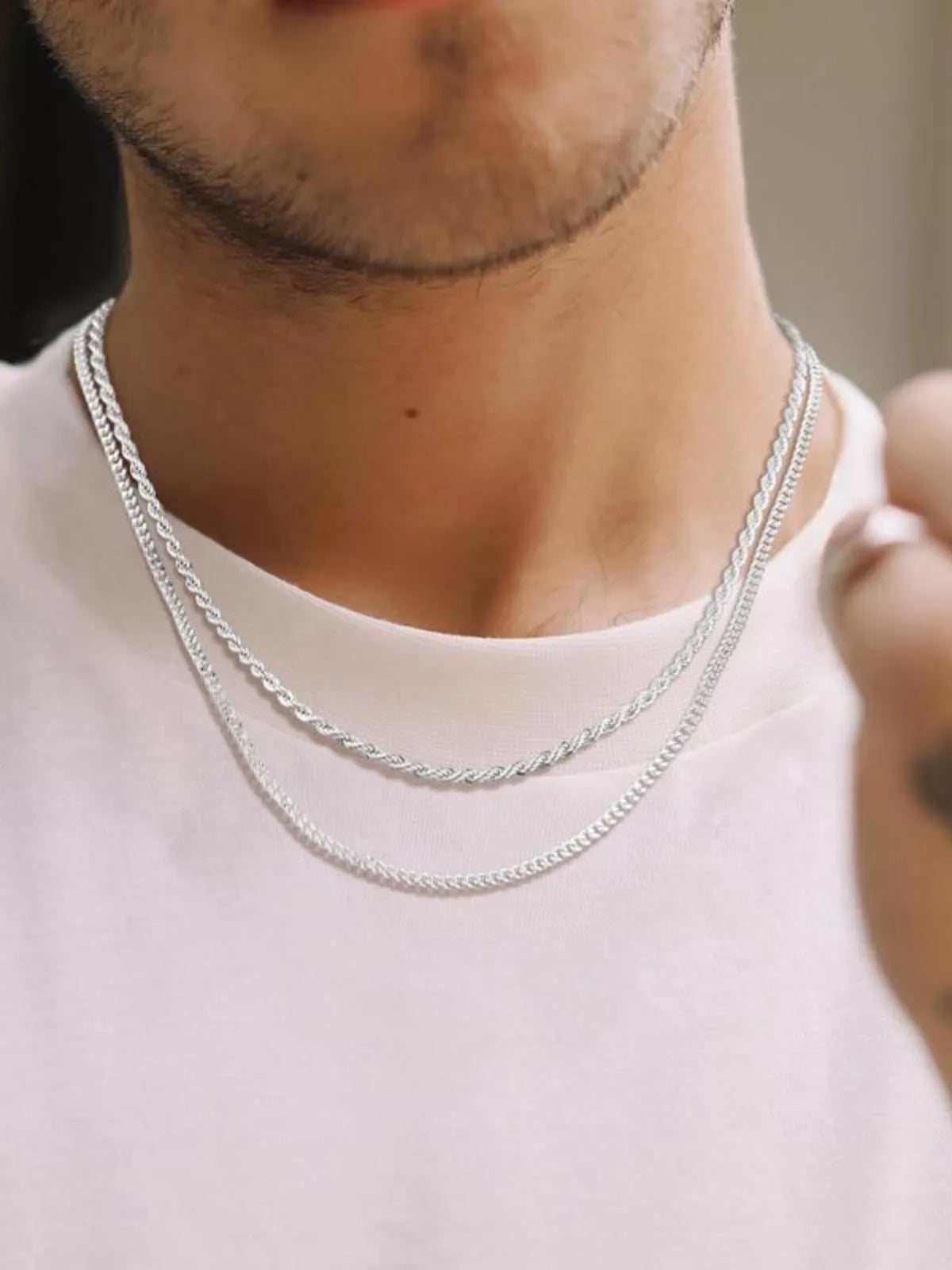 2pcs MEN Trendy 3mm Chain Layered Sterling Silver Cuban Link Rope Necklace 