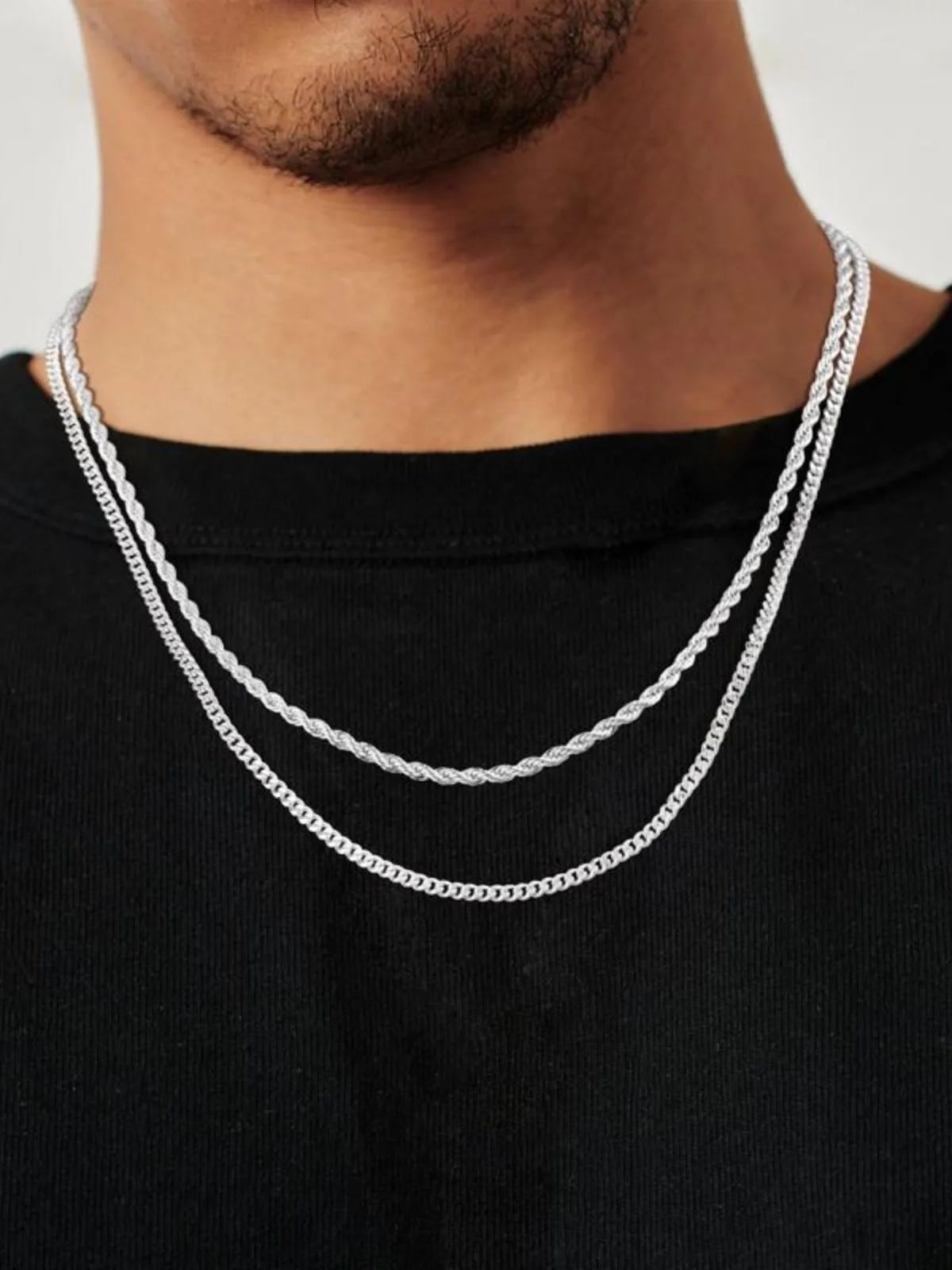 2pcs MEN Trendy 3mm Chain Layered Sterling Silver Cuban Link Rope Necklace 