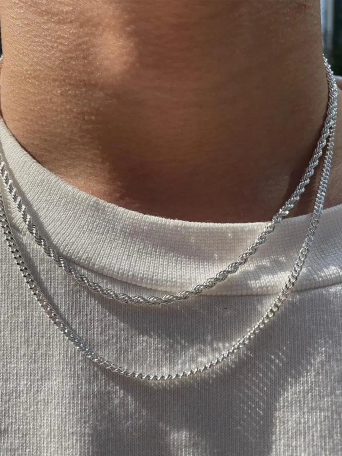 2pcs MEN Trendy 3mm Chain Layered Sterling Silver Cuban Link Rope Necklace 