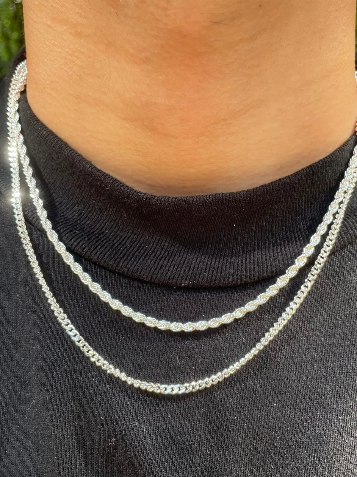 2pcs MEN Trendy 3mm Chain Layered Sterling Silver Cuban Link Rope Necklace 