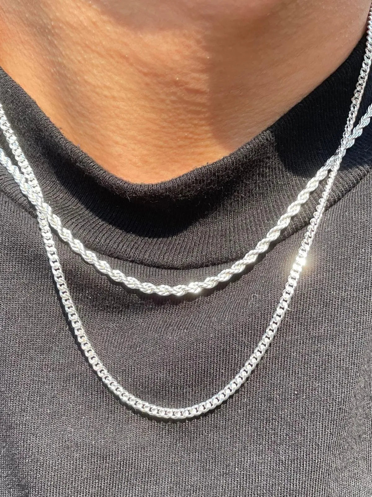 2pcs MEN Trendy 3mm Chain Layered Sterling Silver Cuban Link Rope Necklace 