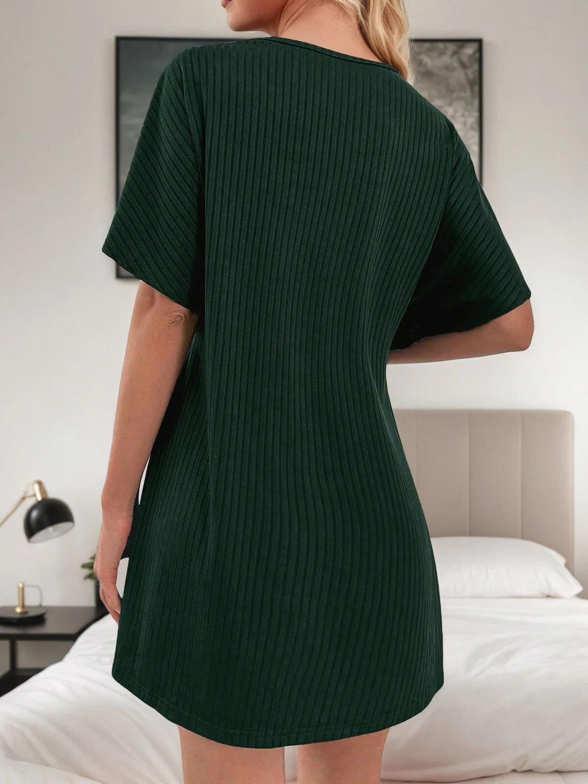 2pcs Set Solid Short Sleeve Slit Pajama Shorts Set