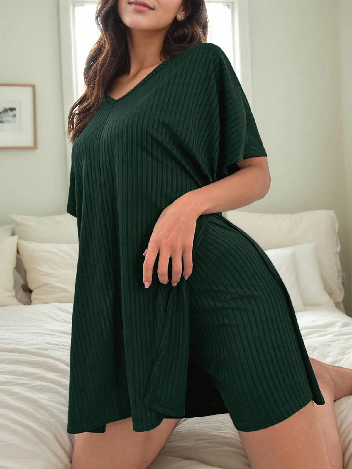 2pcs Set Solid Short Sleeve Slit Pajama Shorts Set