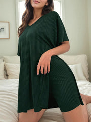 2pcs Set Solid Short Sleeve Slit Pajama Shorts Set