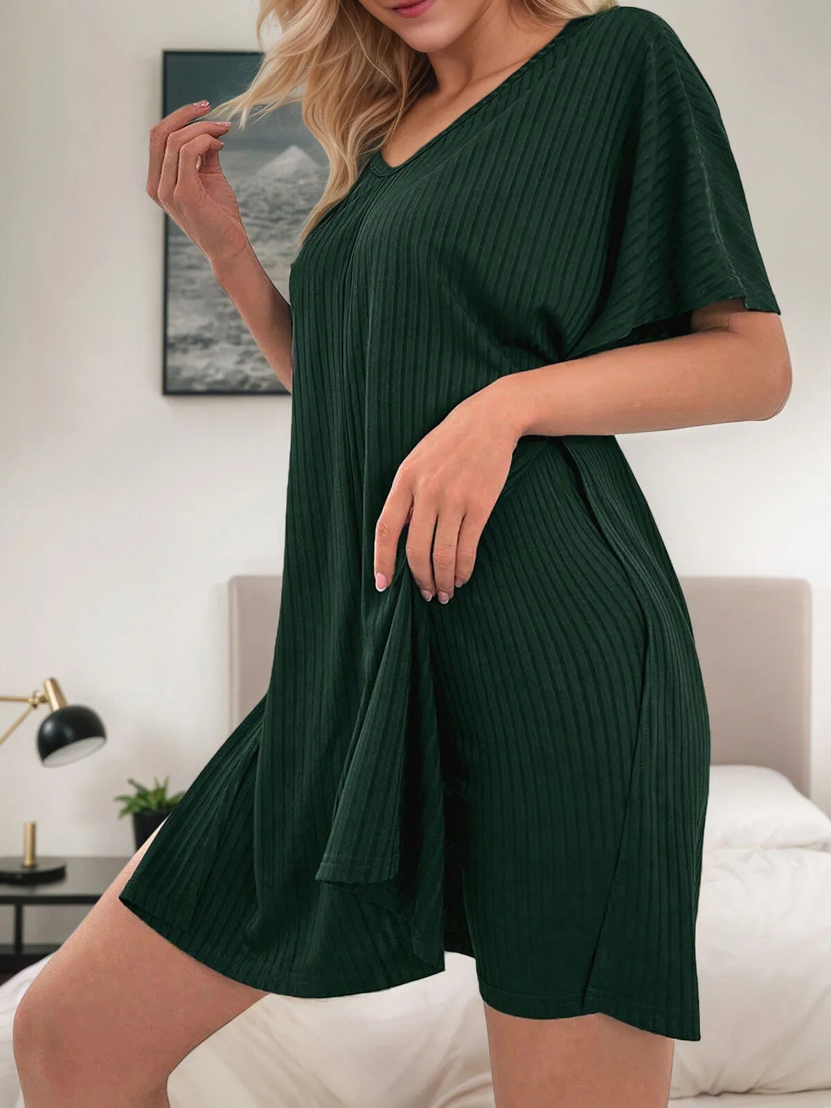 2pcs Set Solid Short Sleeve Slit Pajama Shorts Set