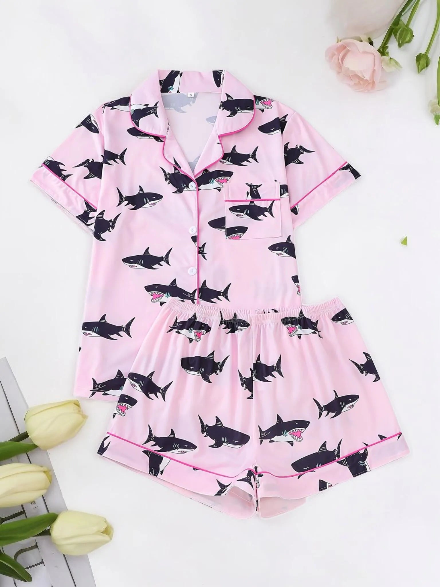 2pcs Shark Pajama Shorts Set