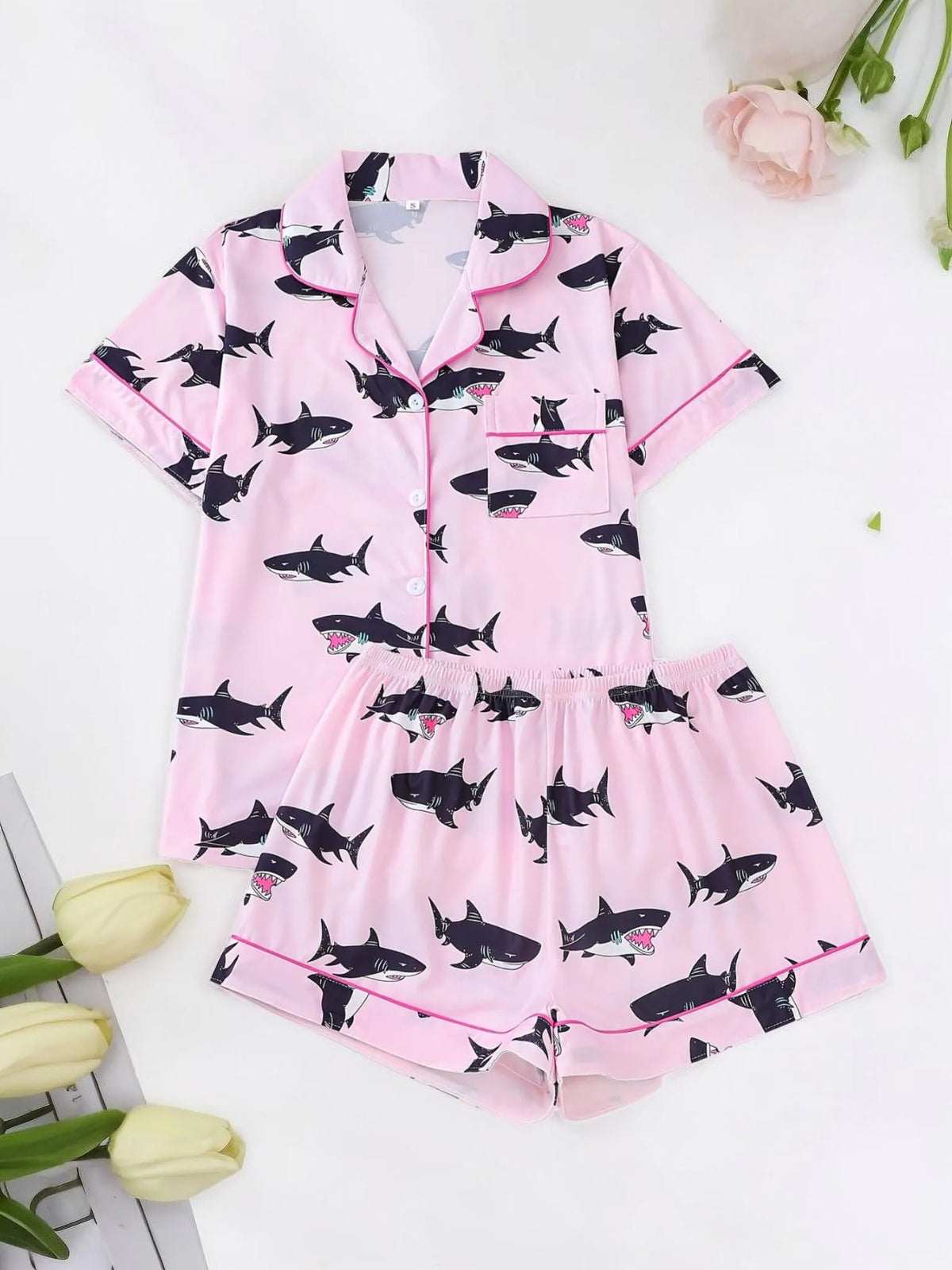 2pcs Shark Pajama Shorts Set