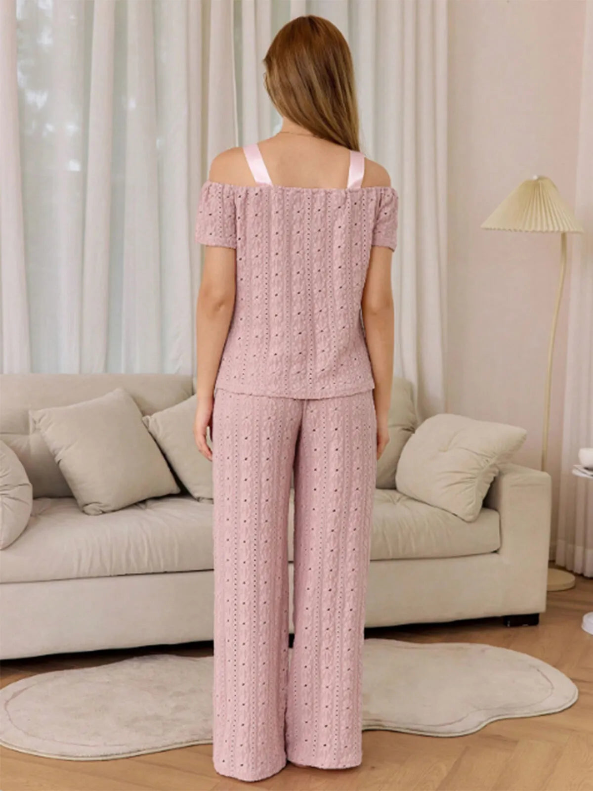 2pcs Solid Bow Pajama Pants Set