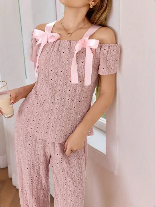 2pcs Solid Bow Pajama Pants Set