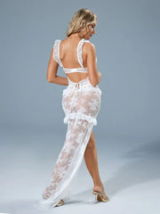 2pcs Solid Sheer See Through Ruffle Lace Sexy Lingerie Set
