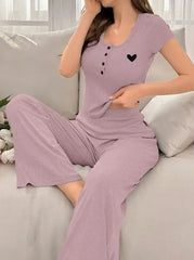 2pcs Solid Heart Print Pajama Pants Set