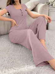 2pcs Solid Heart Print Pajama Pants Set