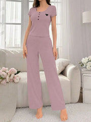 2pcs Solid Heart Print Pajama Pants Set