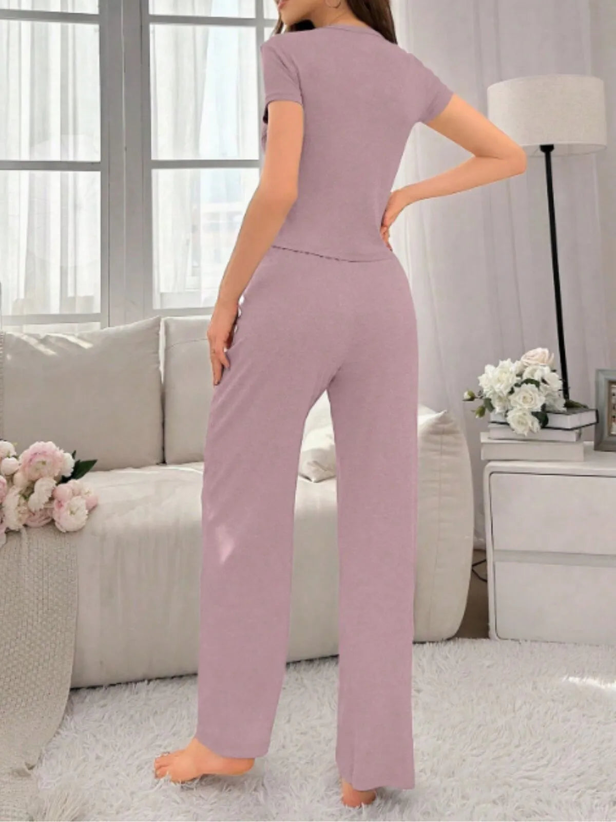 2pcs Solid Heart Print Pajama Pants Set