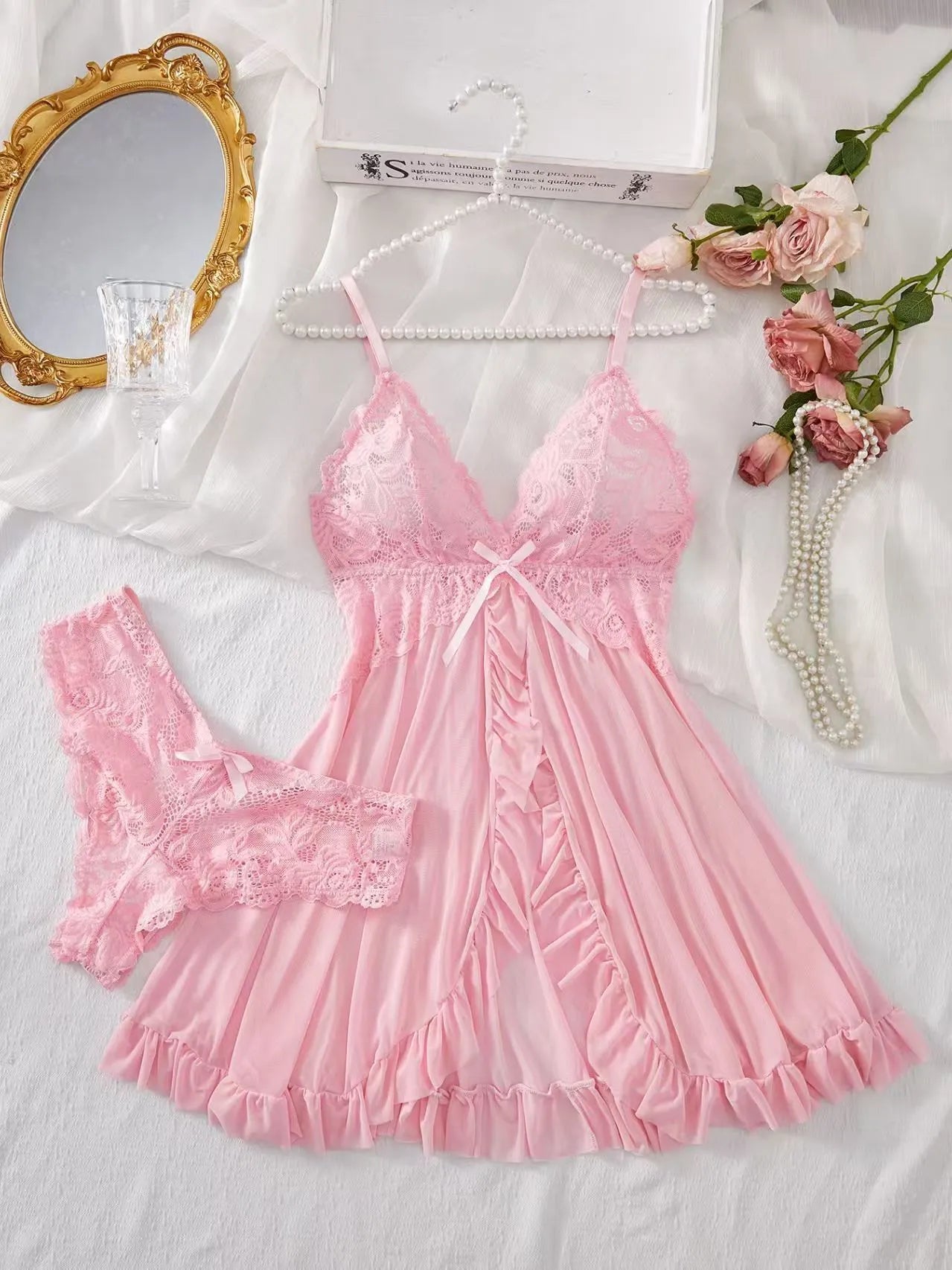 2pcs Solid Lace Bow Sexy Lingerie