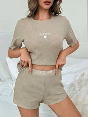 2pcs Solid Letter Print Pajama Shorts Set