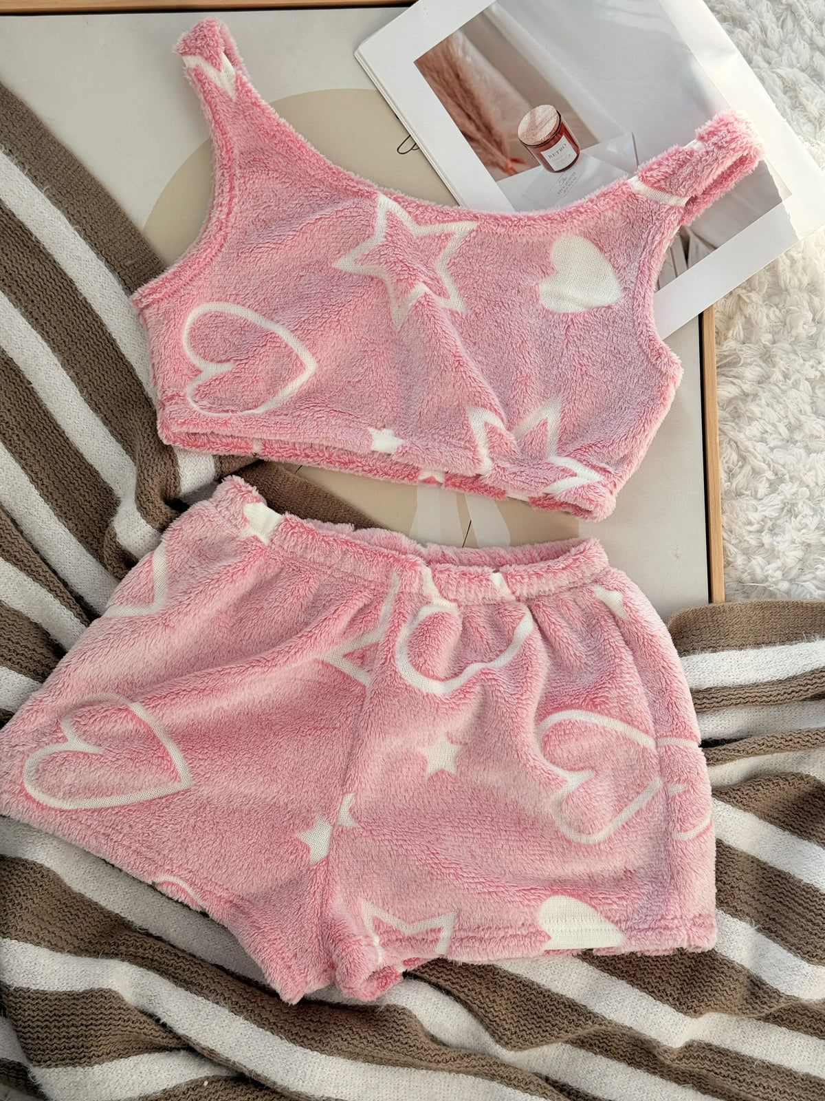 2pcs Star Heart Print Glow in The Dark Crop Fluffy Pajama Shorts Set, Casual Fit Comfortable Loungewear
