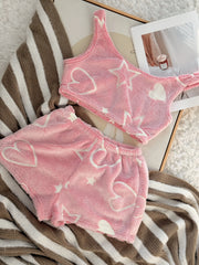2pcs Star Heart Print Glow in The Dark Crop Fluffy Pajama Shorts Set, Casual Fit Comfortable Loungewear