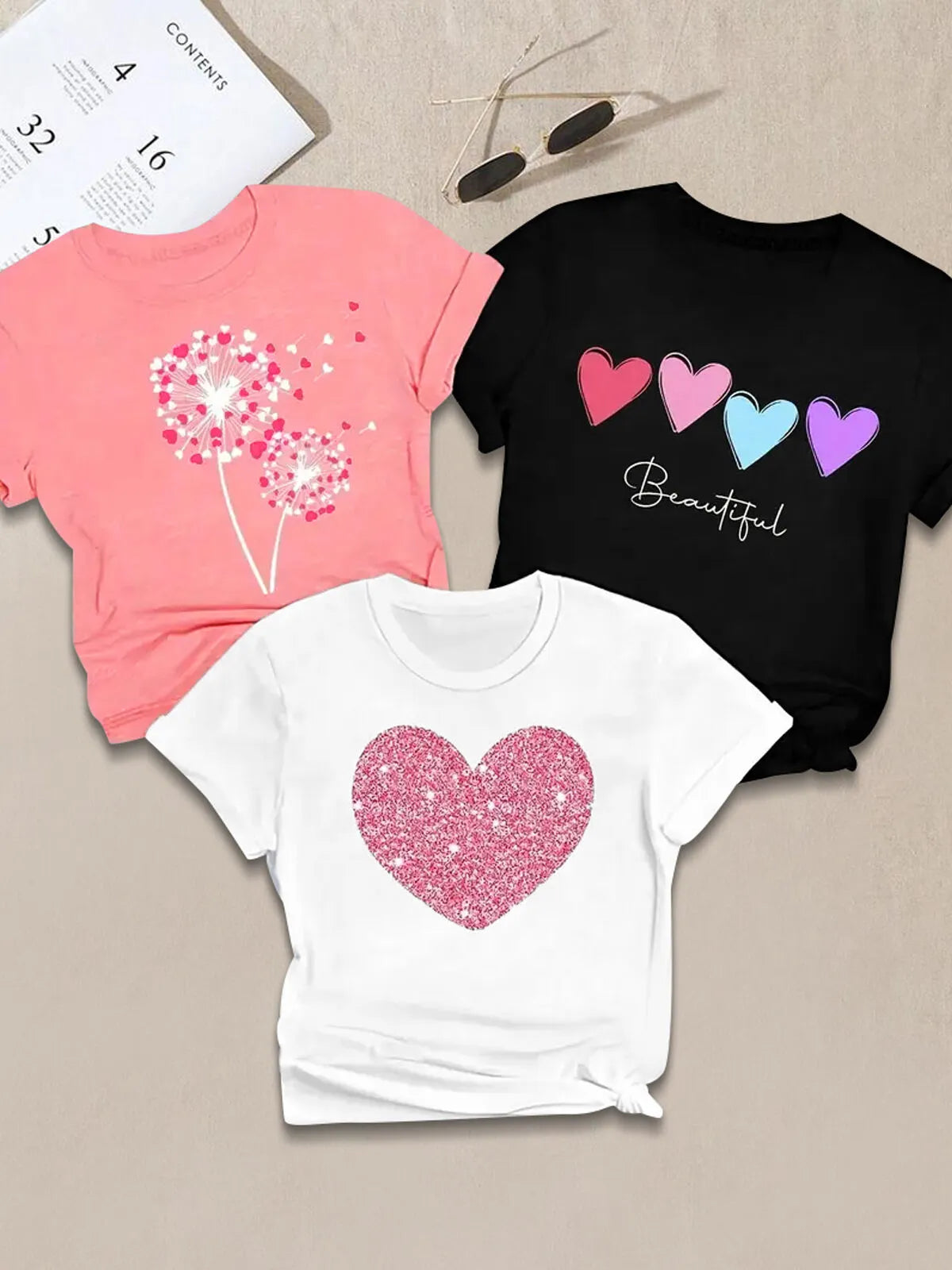 3-Pack Heart Round Neck Short Sleeve T-shirt