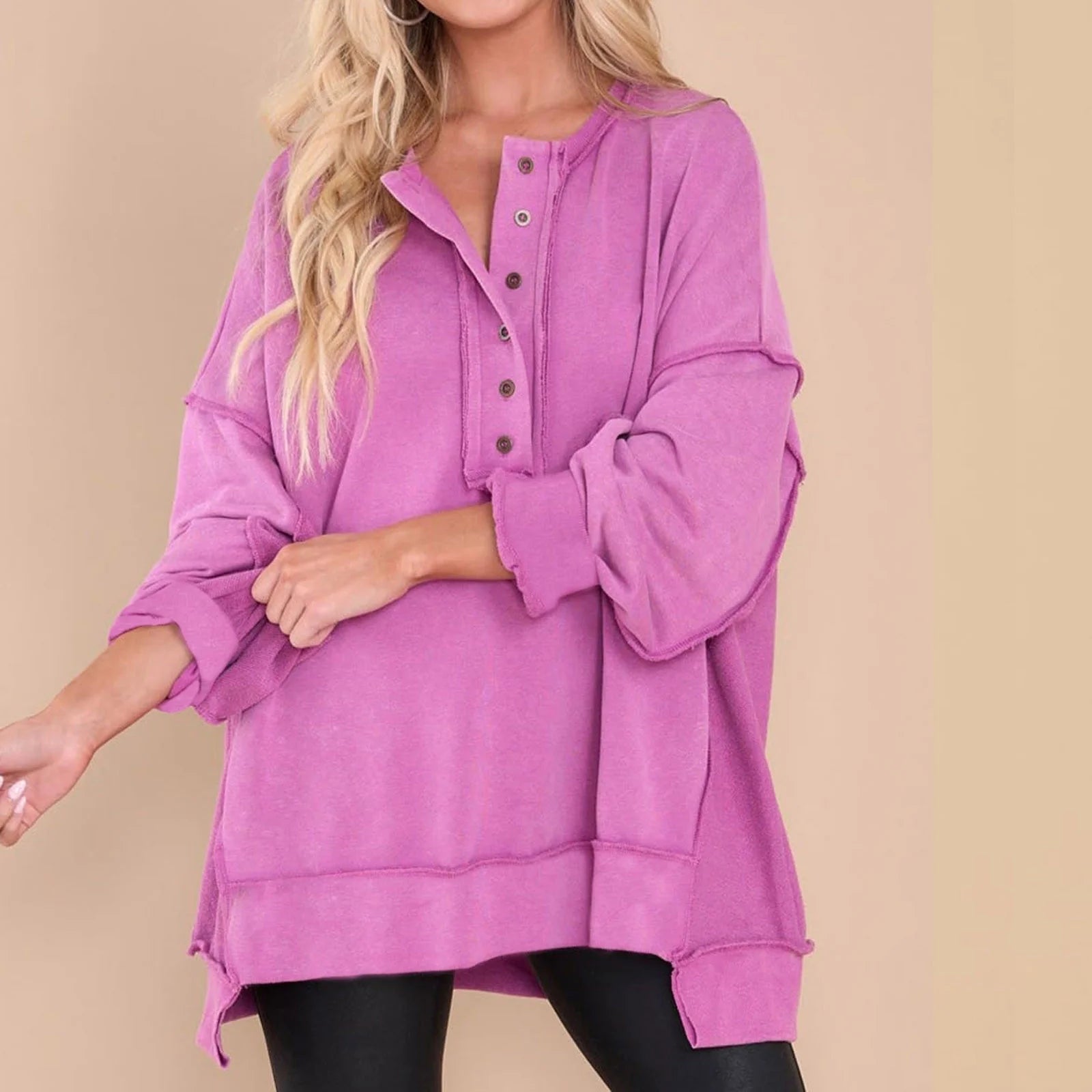 Button Lapel Henley Collar Oversized Pullover Tunic Sweatshirt