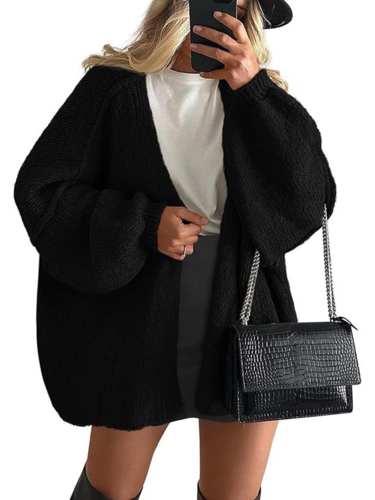 Solid Oversized Camel Outwear Fall Long Lantern Sleeve Knit Cardigan