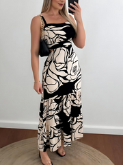Rose Floral Elegant Hollow Out Spaghetti Strap Sleeveless Backless A-line Dress