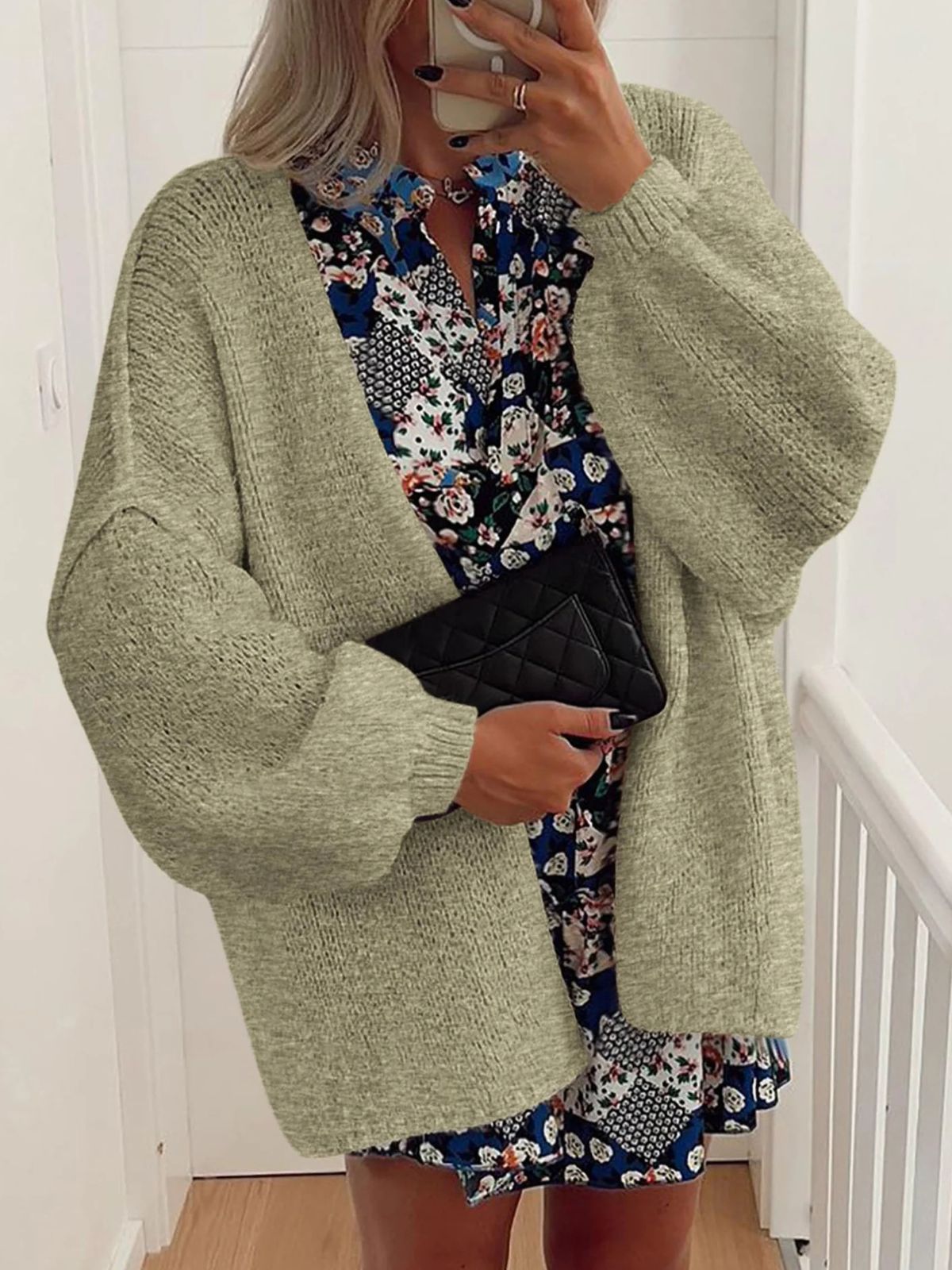 Solid Oversized Camel Outwear Fall Long Lantern Sleeve Knit Cardigan