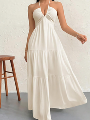 Solid Beach Vacation Tie Back Halter A-line Dress