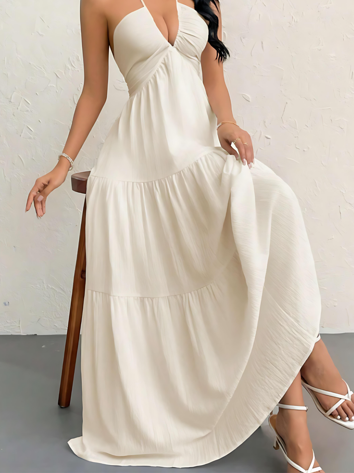 Solid Beach Vacation Tie Back Halter A-line Dress