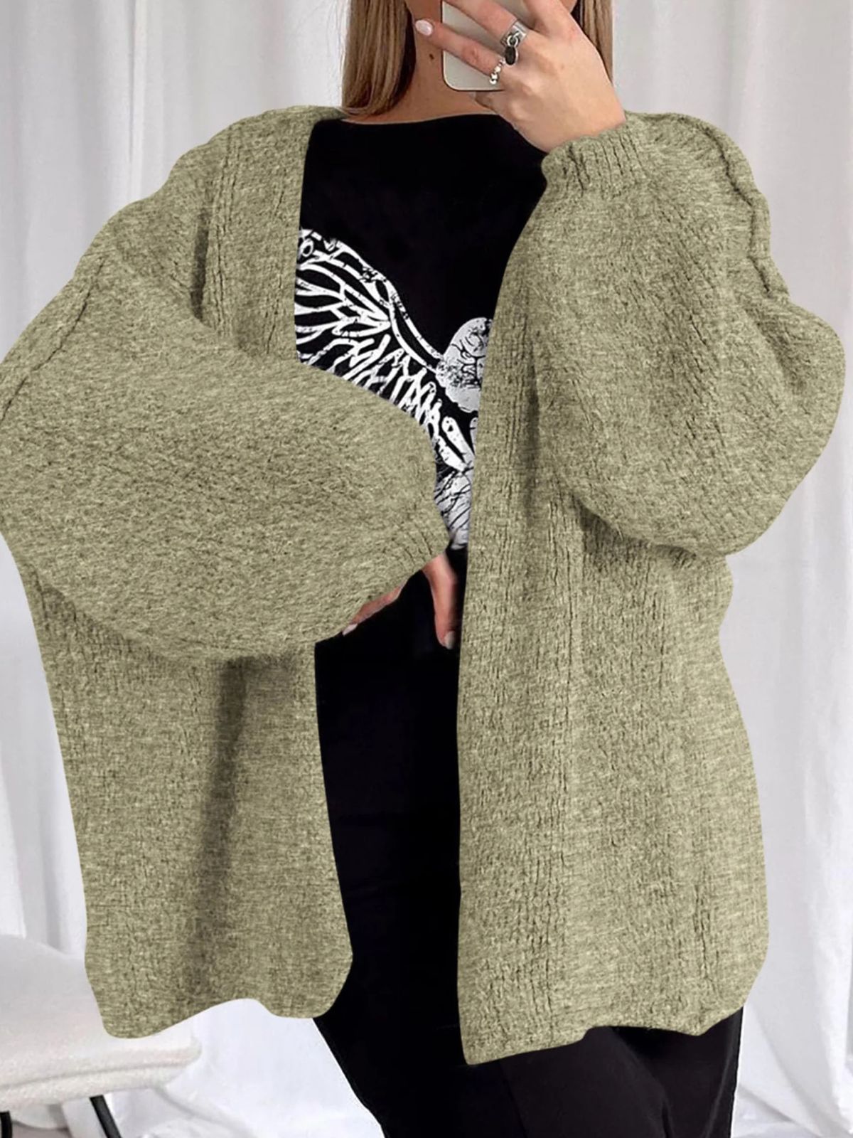 Solid Oversized Camel Outwear Fall Long Lantern Sleeve Knit Cardigan
