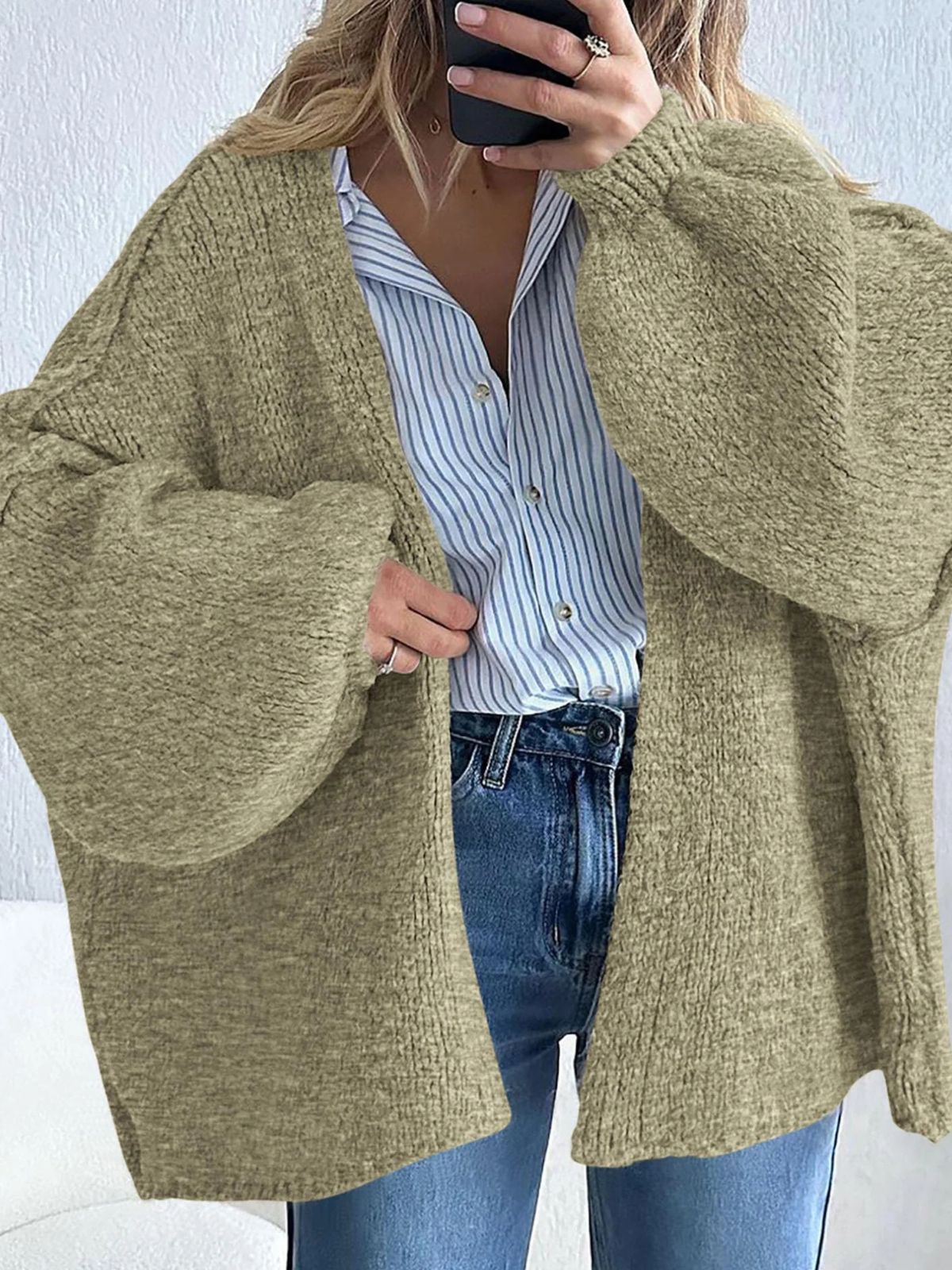 Solid Oversized Camel Outwear Fall Long Lantern Sleeve Knit Cardigan