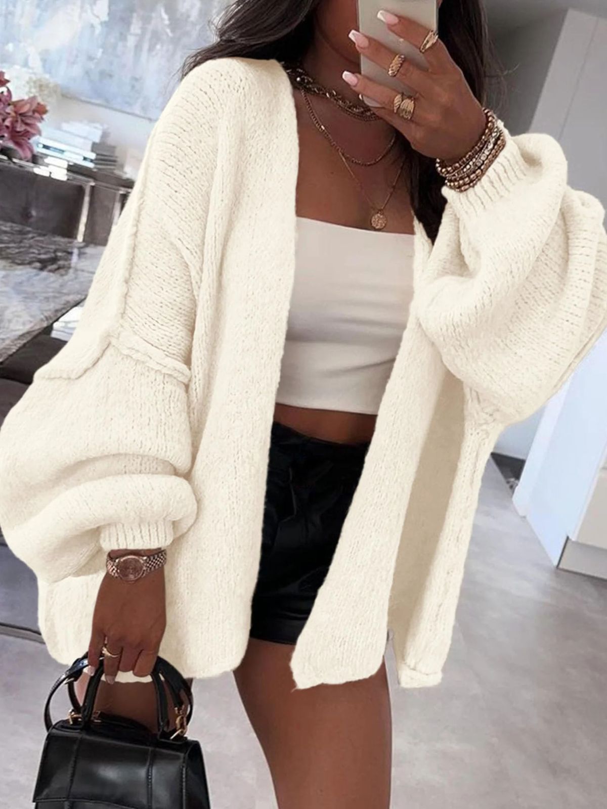 Solid Oversized Camel Outwear Fall Long Lantern Sleeve Knit Cardigan