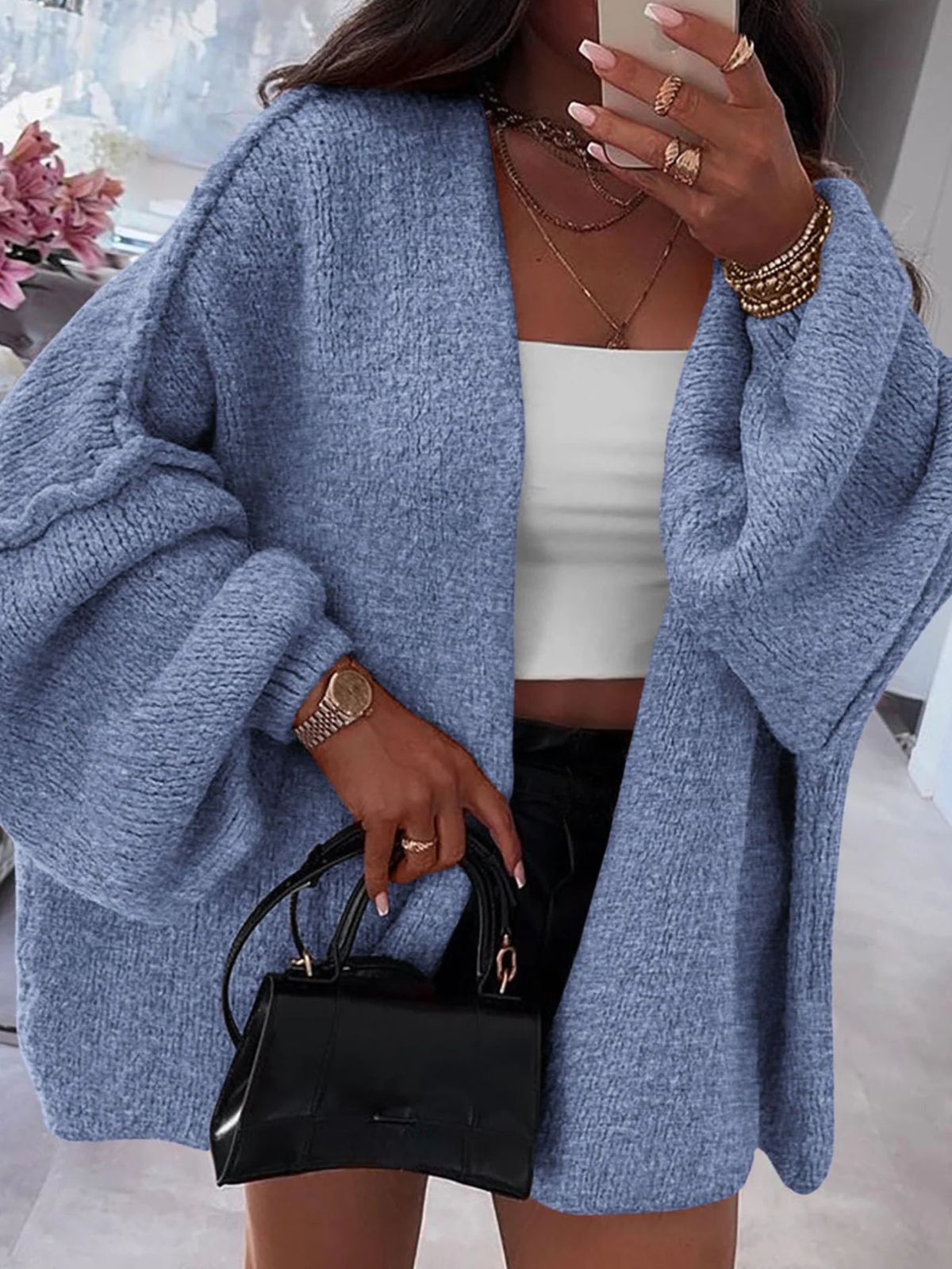 Solid Oversized Camel Outwear Fall Long Lantern Sleeve Knit Cardigan