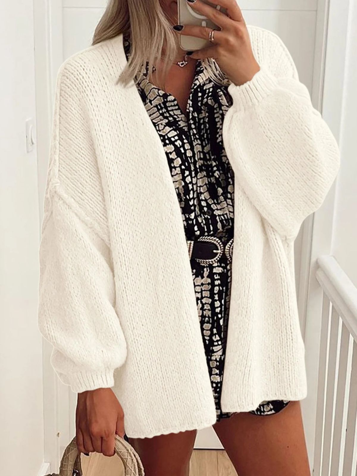 Solid Oversized Camel Outwear Fall Long Lantern Sleeve Knit Cardigan